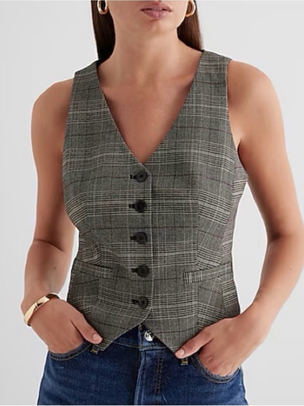 Express Editor Plaid Vest in Gray, Brown and Red SIZE SMALL - Picture 2 of 6